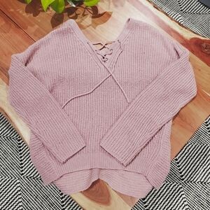 Seven Sisters- Cable Knit Strappy Front V Neck High Low Knit Sweater